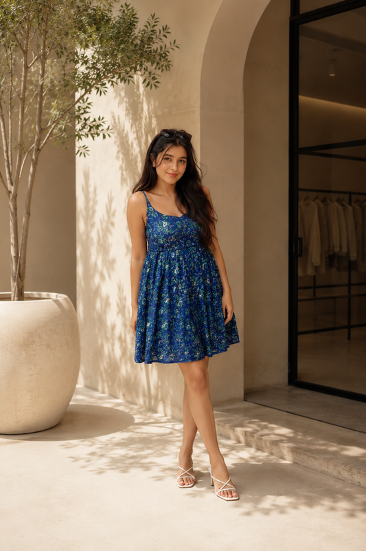 Blue Coral Block Printed Mini Dress