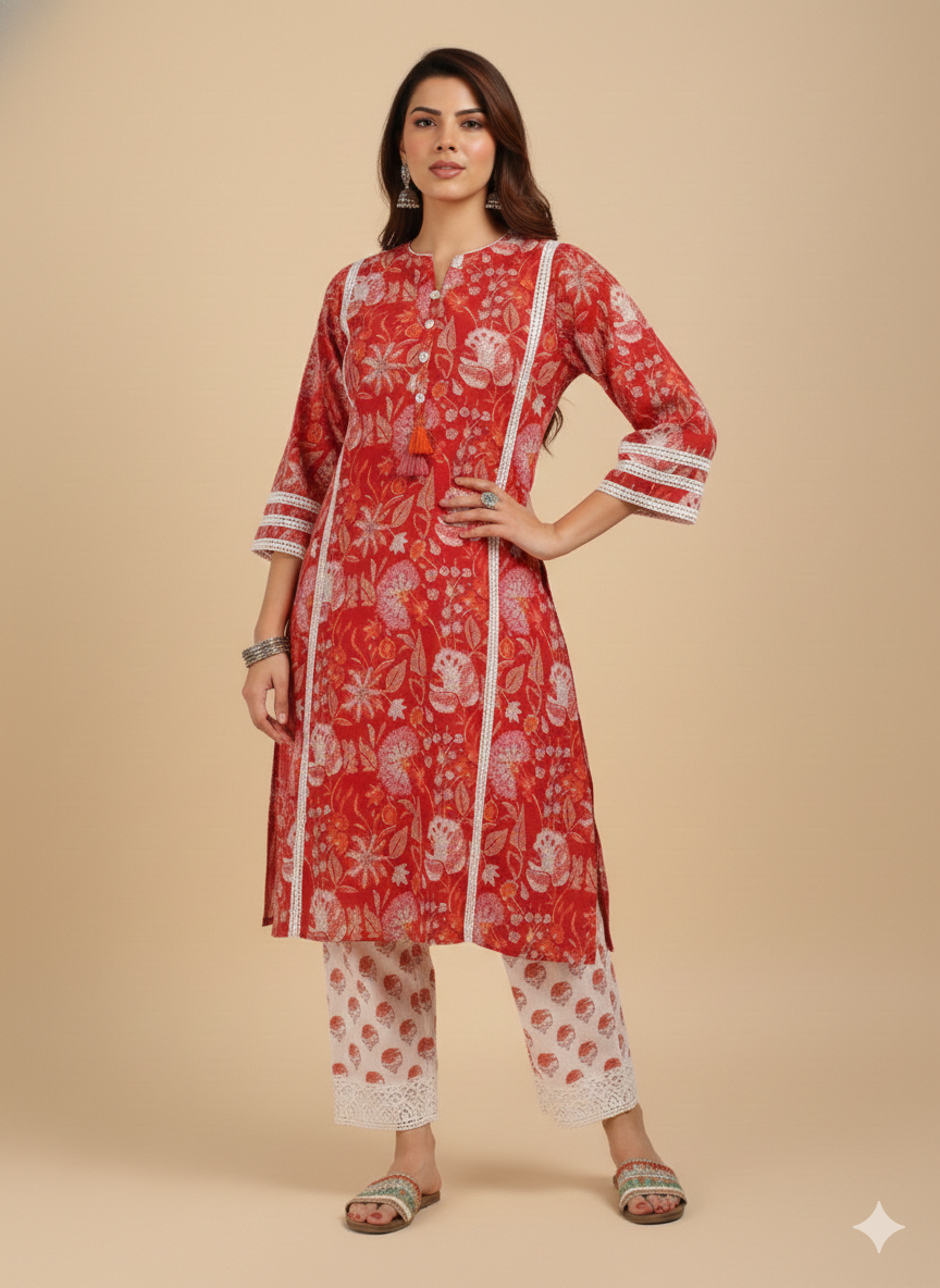 Red Choga Style Kurta Set with Hand-Drawn Floral Print in Mul Cotton