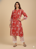 Red Choga Style Kurta Set with Hand-Drawn Floral Print in Mul Cotton