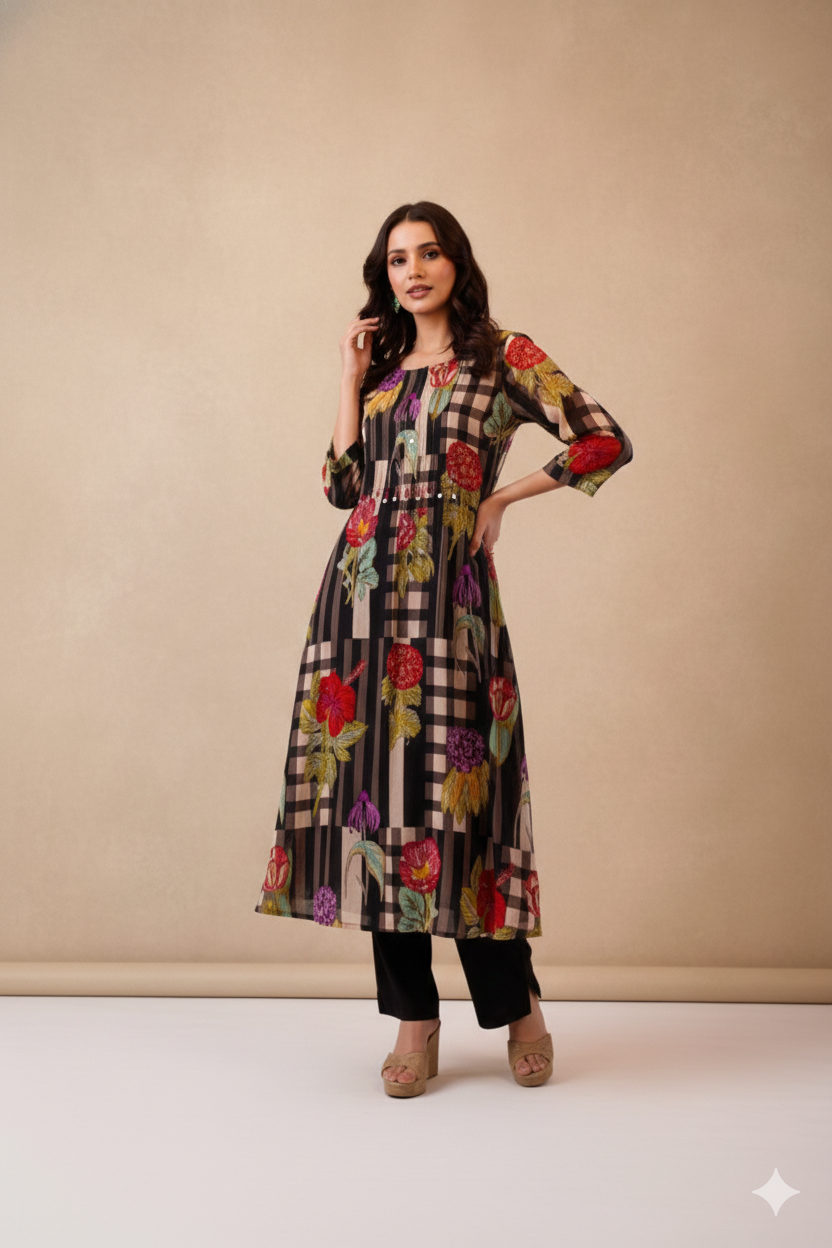 Mulcotton Kurta Pant with Hand-Drawn Floral Print & Coin Detailing