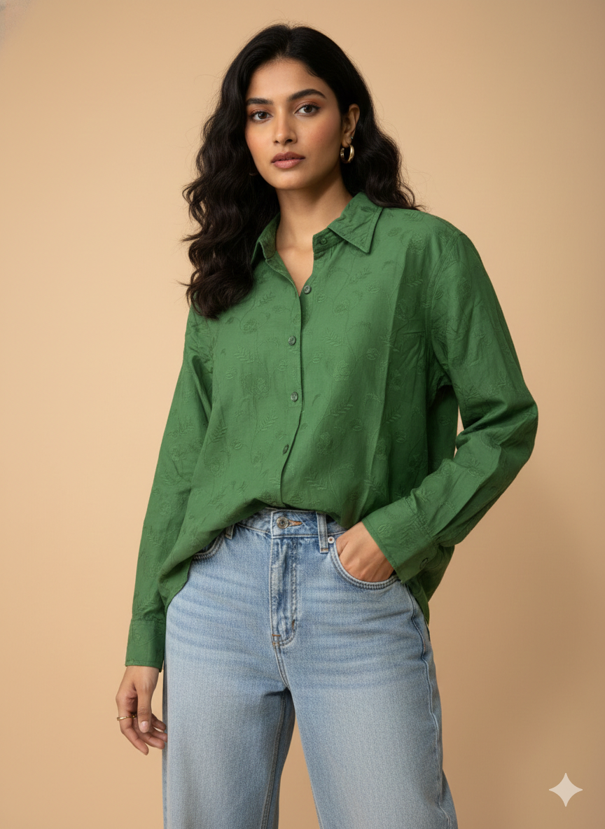 Lush Leaf Luxe Embroidered Cotton Shirt