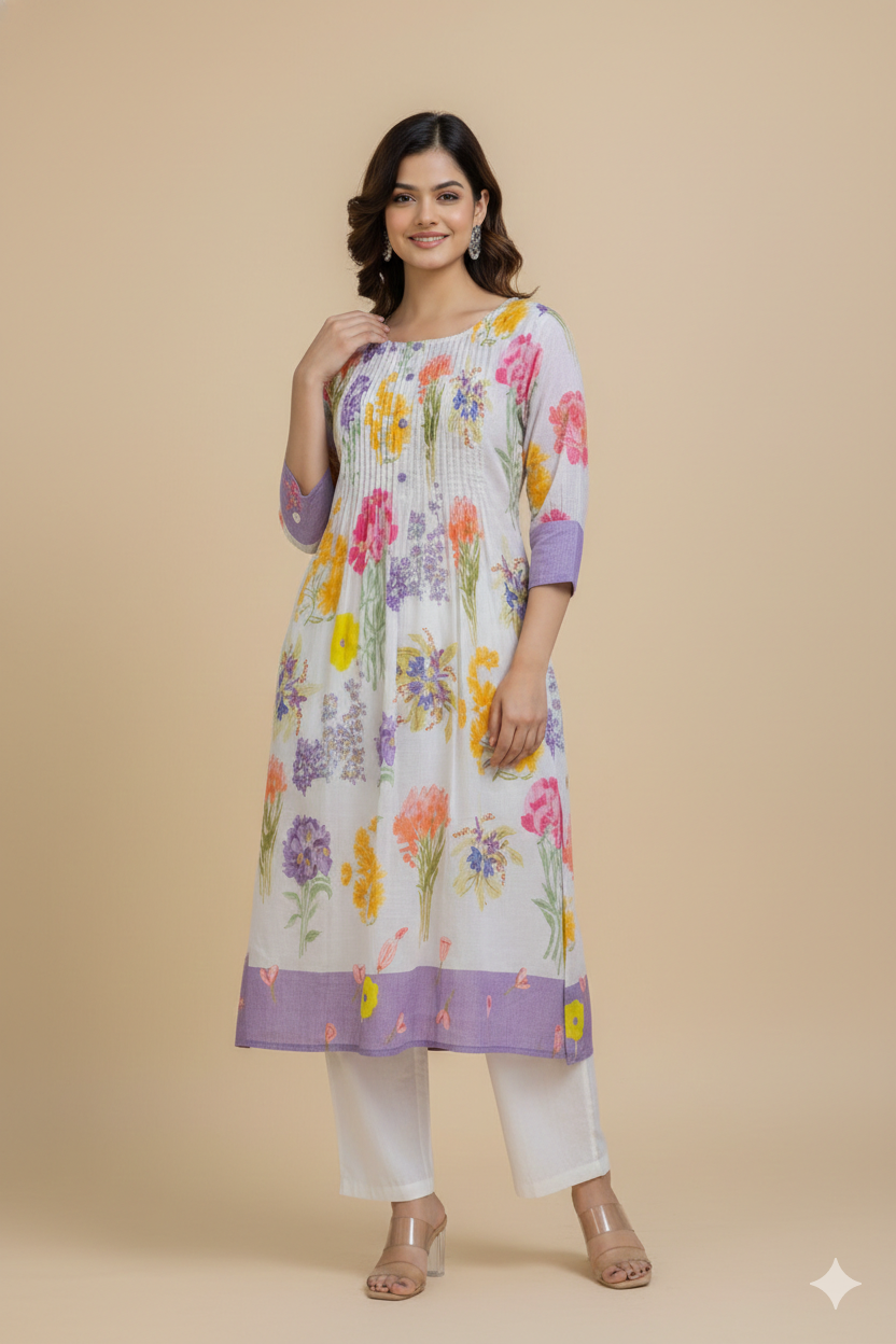 Mulcotton Kurta Set with Hand-Drawn Floral Print