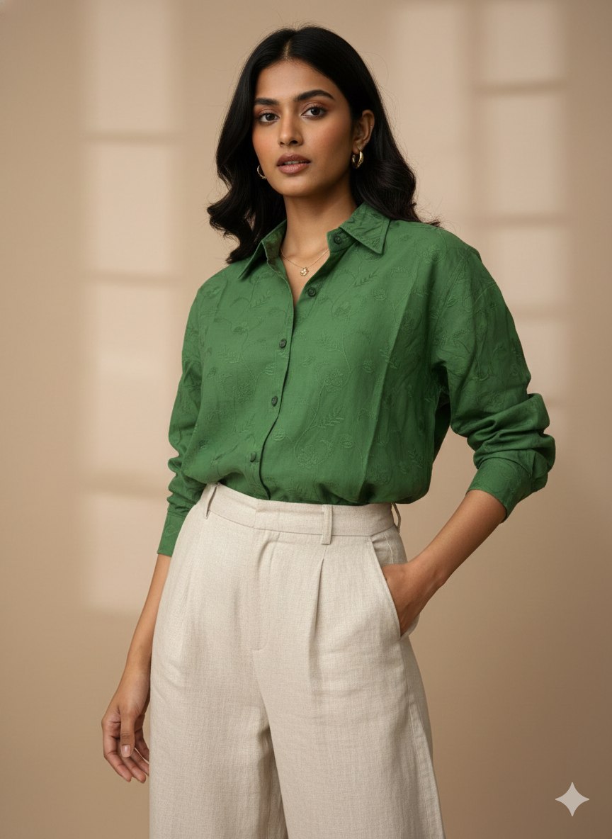 Lush Leaf Luxe Embroidered Cotton Shirt