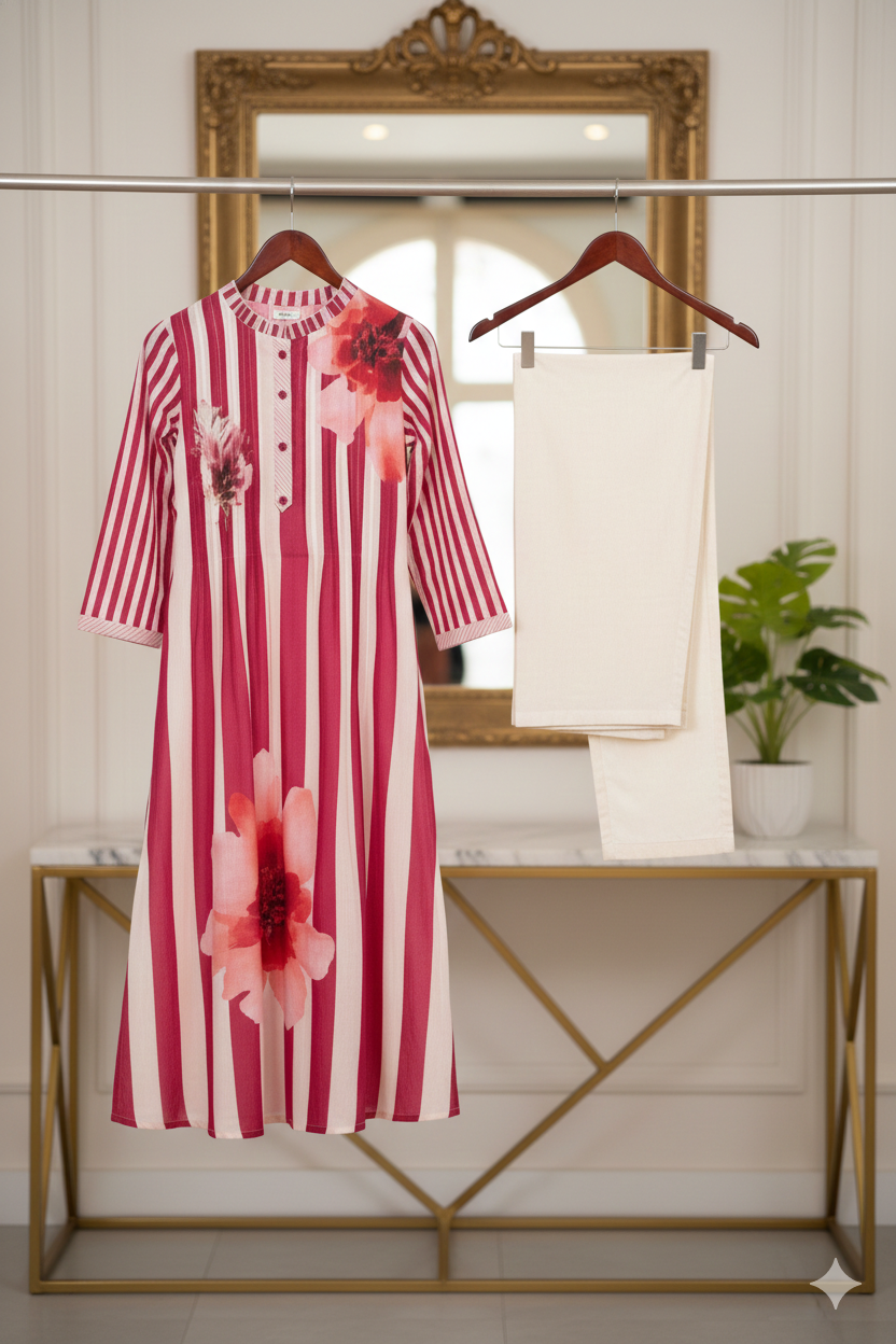 Mulcotton Kurta Pant with Maroon Stripes & Floral Detail