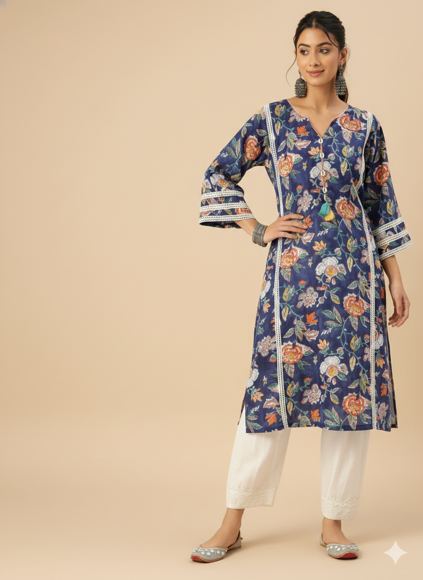 Blue Lovely Choga Style Kurta Set with Hand-Drawn Floral Print in Mul Cotton