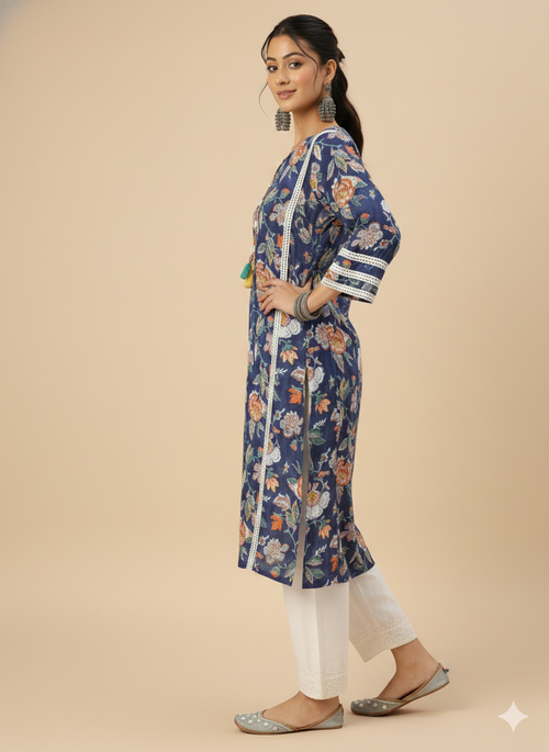 Blue Lovely Choga Style Kurta Set with Hand-Drawn Floral Print in Mul Cotton