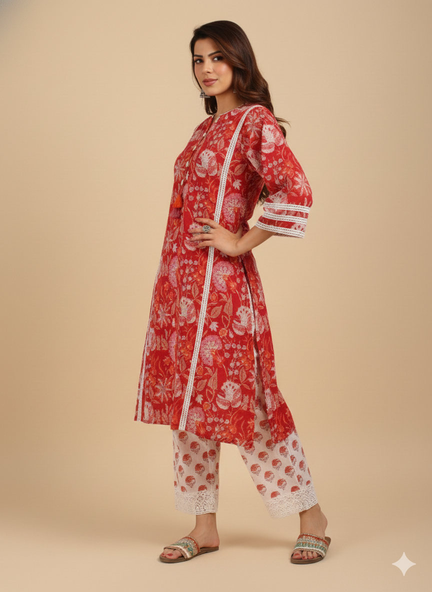 Red Choga Style Kurta Set with Hand-Drawn Floral Print in Mul Cotton