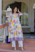 Mulcotton Kurta Set with Hand-Drawn Floral Print