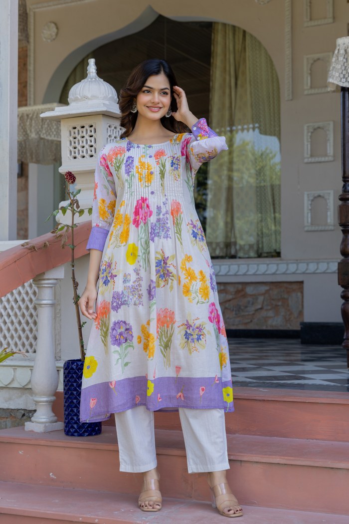 Mulcotton Kurta Set with Hand-Drawn Floral Print